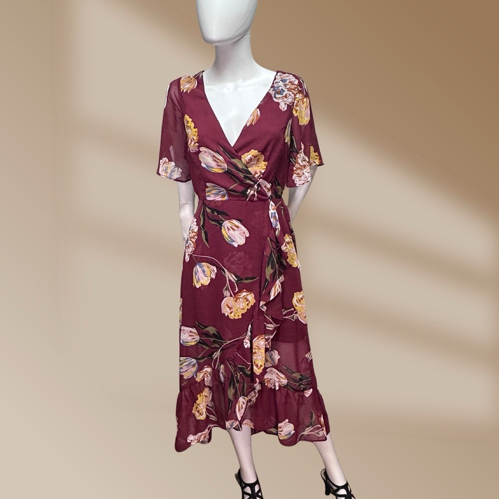 A New Day Women's Burgundy Floral Print Wrap Front Hi - Low Dress Party